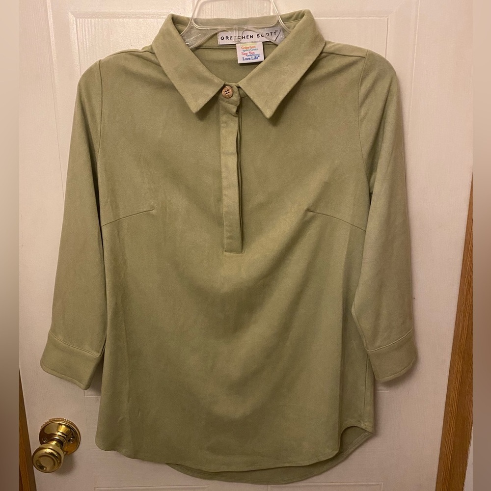 Gretchen Scott Designs Olive Green Collared Faux Suede 3/4 Sleeve Tunic